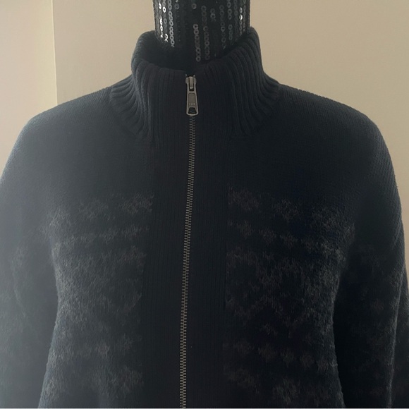 Emanuel Ungaro Sherpa Lined Zip Navy Blue Grey Aztec Pattern Sweater Size Large - Picture 2 of 15